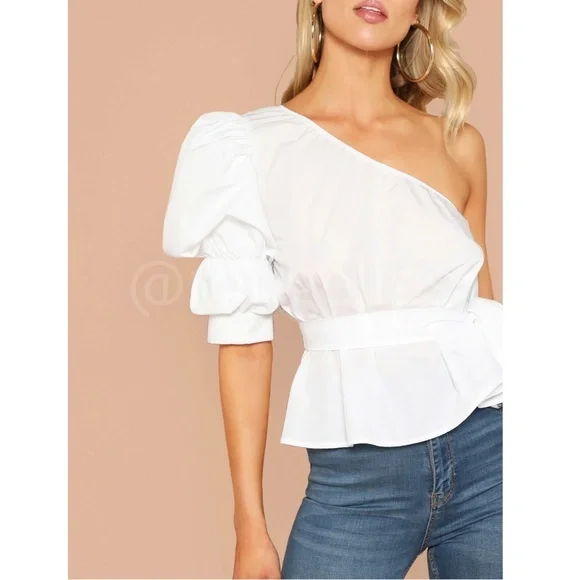 Cotton Blend White One Shoulder Top Tie Belt Puff Short Sleeve Peplum Style - Picture 2 of 7